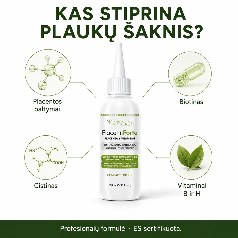 Kas stiprina plaukų šaknis: placentos baltymai, biotinas, cistinas, vitaminai B ir H